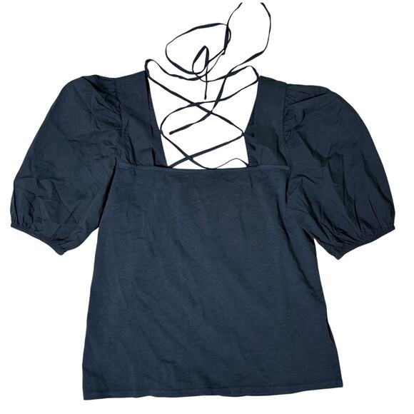 NEW NATION LTD. SQUARE NECK LACE TIES BLOUSE XL BLUE 100% COTTON PERU - Picture 1 of 5